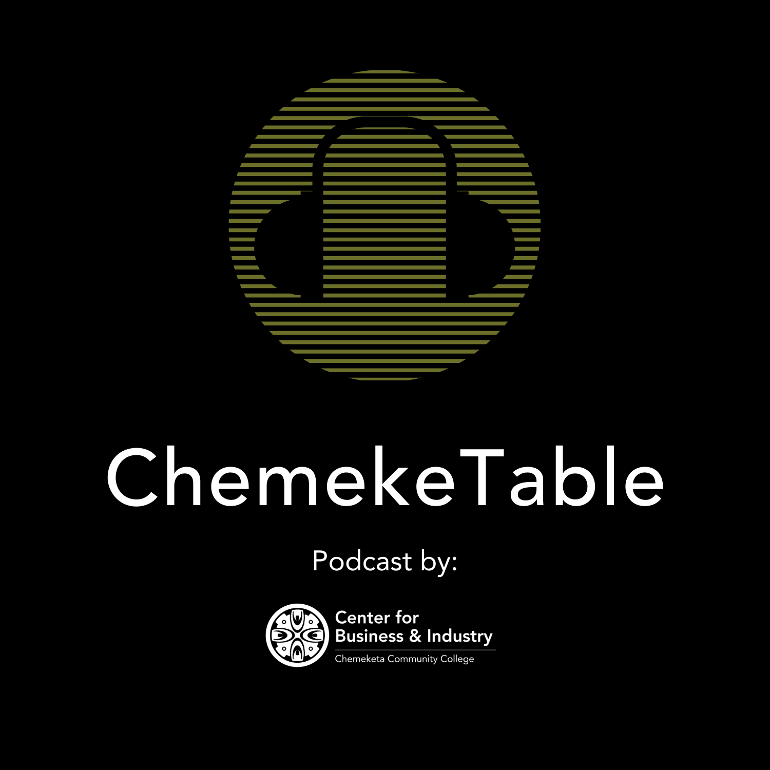 Logo for the ChemekeTable podcast. Narrowly divided green lines with the black outline of over-ear headphones inside. Below are the words